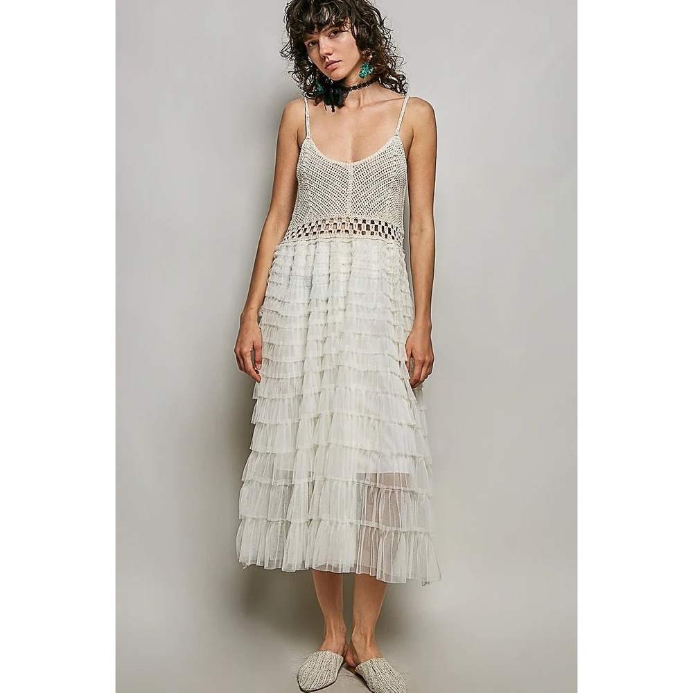 POL Clothing Cream Crochet Knit Tulle Tiered Maxi Dress SMC47 One Size